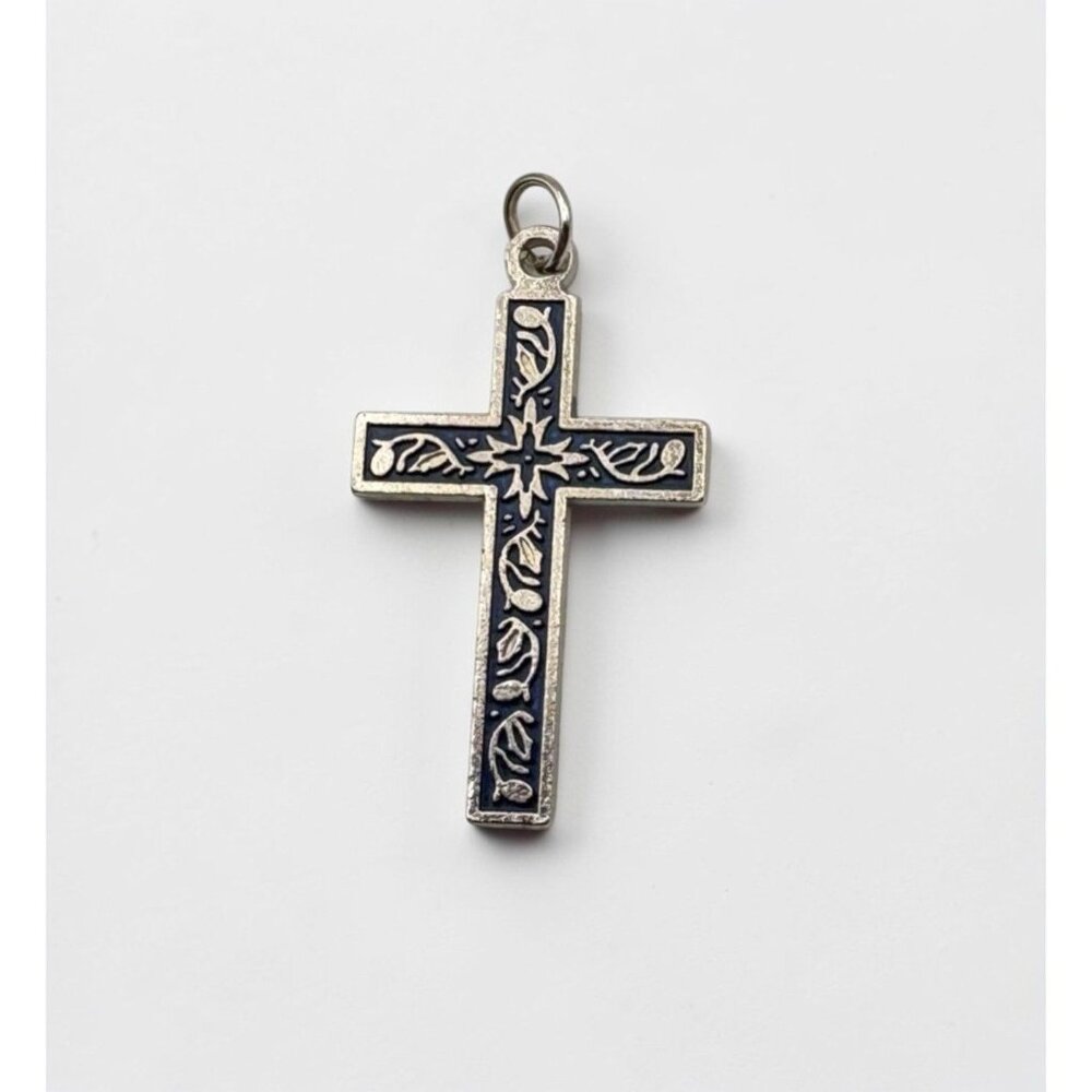 Vintage Silver Tone Cross Pendant Charm Ornate Scroll Engraved Religious